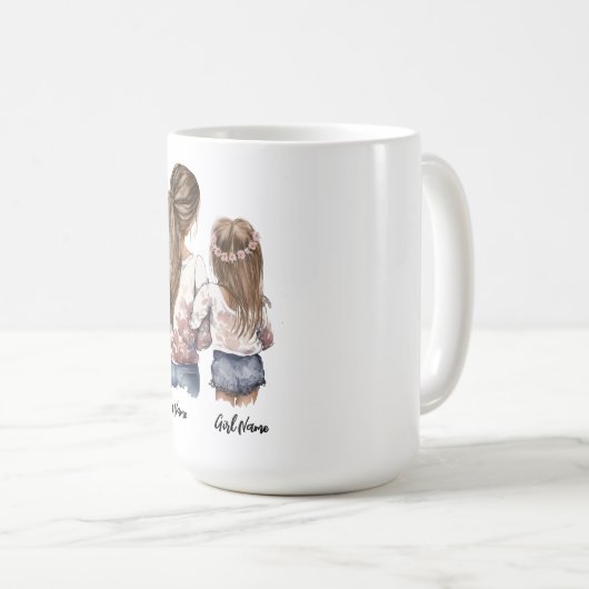 母と娘、長い髪、名前をカスタムする コーヒーマグカップ (正面右)