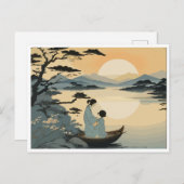 母と子が夕日を迎える ポストカード (正面/裏面)