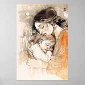 母と子の水彩画ポートレート クリムト アールヌーボー ポスター (正面)