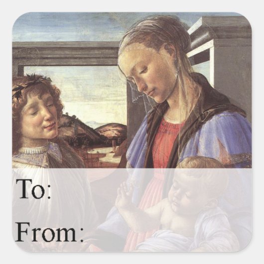 母と子ヴィンテージクリスマスプレゼントラベル スクエアシール (正面)