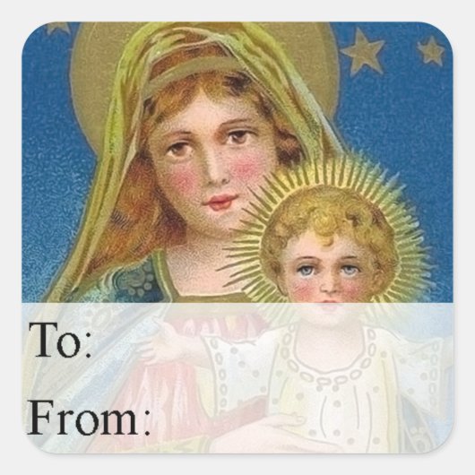 母と子ヴィンテージクリスマスプレゼントラベル スクエアシール (正面)