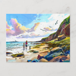 母と子供の歩く犬のビーチ水色 シーズンポストカード