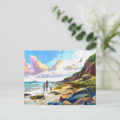 母と子供の歩く犬のビーチ水色 シーズンポストカード (スタンド正面)