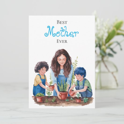 母と息子の植えるレッスン 水彩画イメージ カード (スタンド正面)