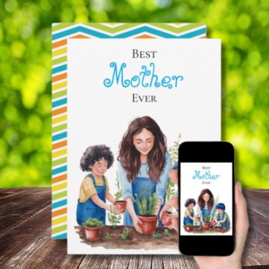 母と息子の植物のレッスン 水彩画 カード