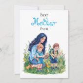 母と息子の水彩ガーデニングイラスト カード (正面)