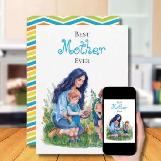 母と息子の水彩ガーデニングイラスト カード