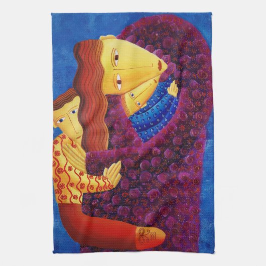 母と息子コンテンポラリー家絵画の キッチンタオル (縦)