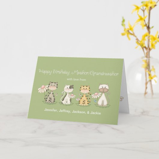 母と祖母の誕生日4匹の猫 – 名前をカスタムする カード (黄色い花)