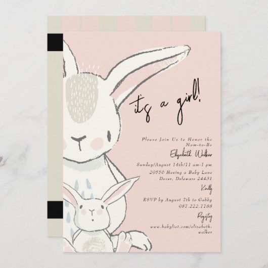 母と私うさぎピンク赤ちゃんシャワー 招待状 (正面/裏面)