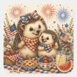 母と赤ちゃんの愛国ハリネズミの水彩画 スクエアシール