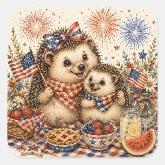 母と赤ちゃんの愛国ハリネズミの水彩画 スクエアシール (正面)