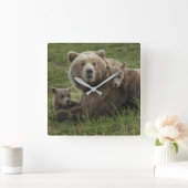母と赤らむヒグマ スクエア壁時計 (ホーム)