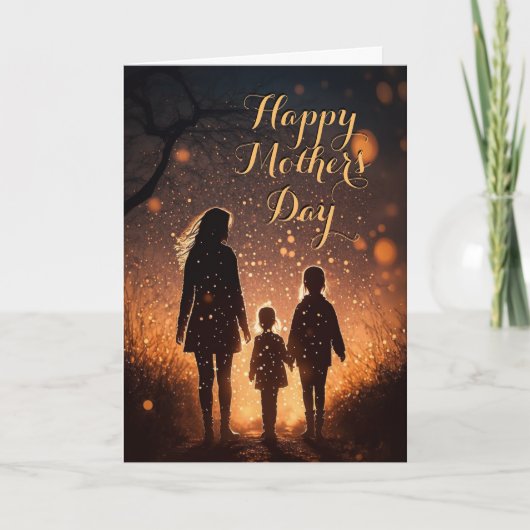 母と2人の子どもたち日没、母の日のカード カード (正面)