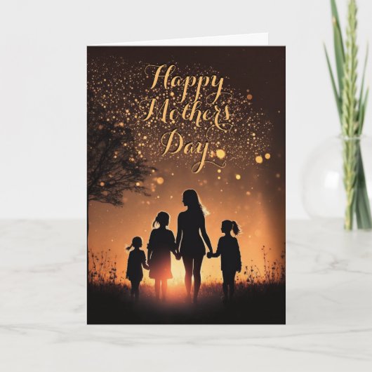 母と3人の子どもが夕暮れ、母の日 カード (正面)
