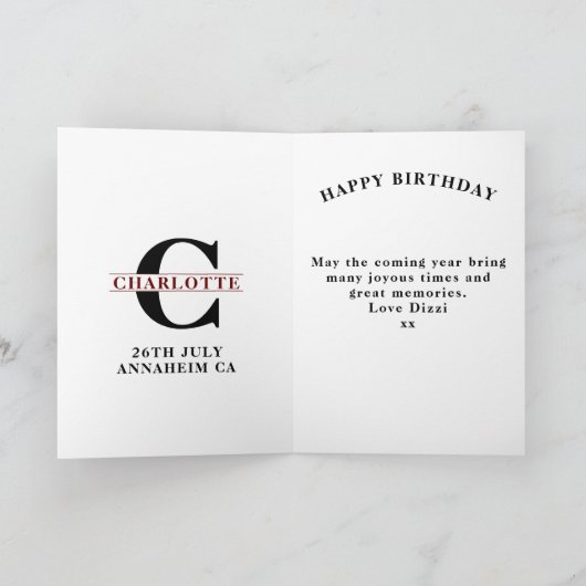 母など誕生日モノグラム任意の名前の年ピンク カード (内部)