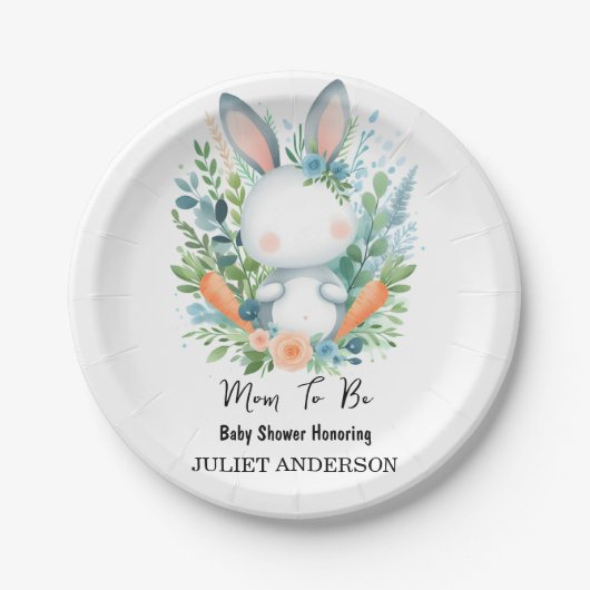 母になるイヤホップブルーピンクバニーベビーシャワー ペーパープレート (正面)