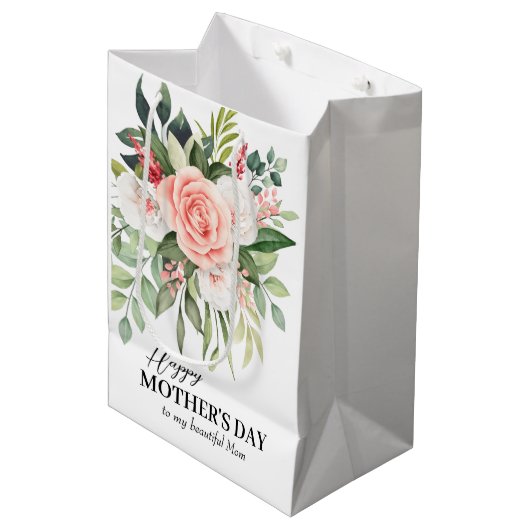 母に幸せな母の日のエレガントバラカスタム ミディアムペーパーバッグ (正面アングル)