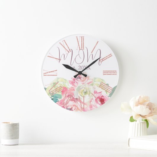 母のためのピンクと白の花 ラージ壁時計 (ホーム)