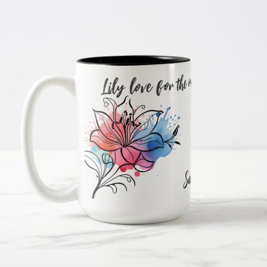 母のための水彩ユリの花のマグカップ ツートーンマグカップ (左)