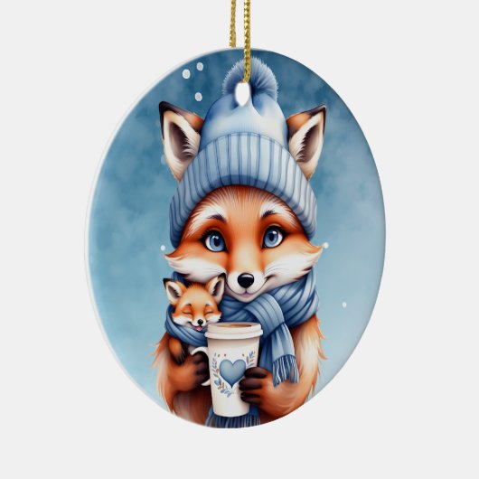 母のキツネとベビーでブルーハットとスカーフコーヒー セラミックオーナメント (右)
