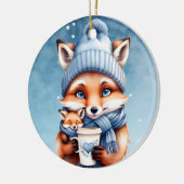 母のキツネとベビーでブルーハットとスカーフコーヒー セラミックオーナメント (左)
