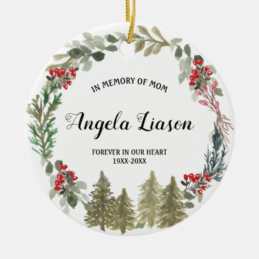 母のクリスマスを思い出す松の木 セラミックオーナメント (正面)