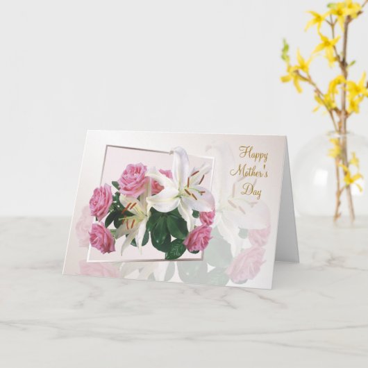 母のデイカード – 白いユリとピンクのバラ カード (黄色い花)