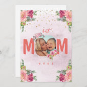 母の写真、花とカスタムメッセージ シーズンカード (正面/裏面)
