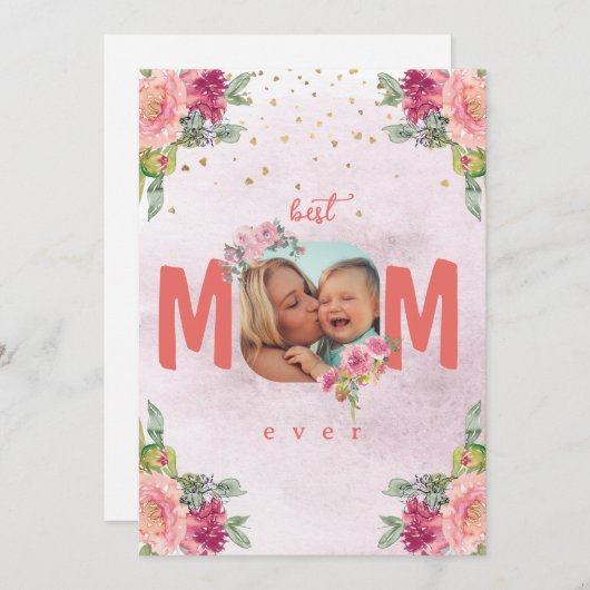 母の写真、花とカスタムメッセージ シーズンカード (正面/裏面)