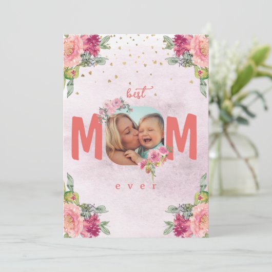 母の写真、花とカスタムメッセージ シーズンカード (スタンド正面)