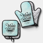 母の台所の水色ブルー 鍋つかみ&鍋敷きセット (正面/裏面)