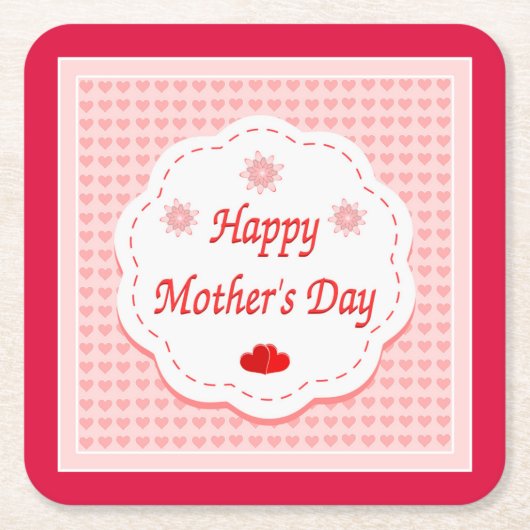 「母の幸せな日」ピンクのハート スクエアペーパーコースター (正面)