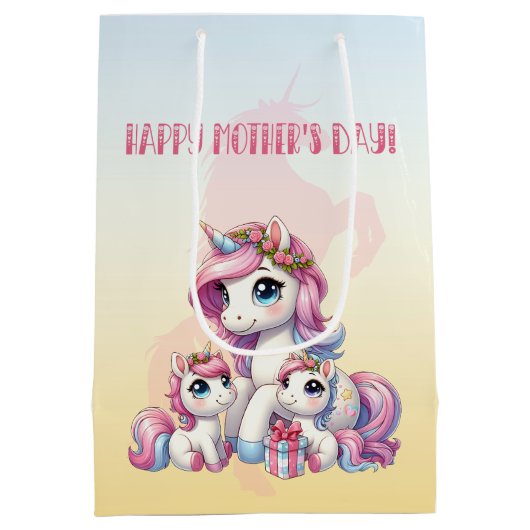 「母の幸せな日」ユニコーンのママと子供 ミディアムペーパーバッグ (裏面)