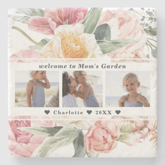 母の庭石 |フローラ3枚のコラージュ ストーンコースター (正面)