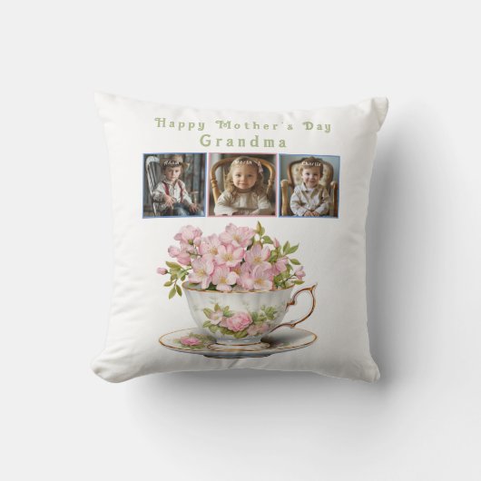 母の日おばあちゃんティーカップ花 クッション (正面)