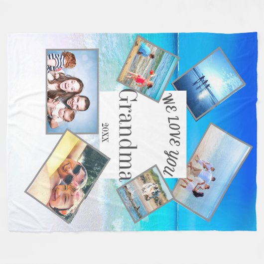 母の日おばあちゃん家族フォトビーチシーン フリースブランケット (正面(横))