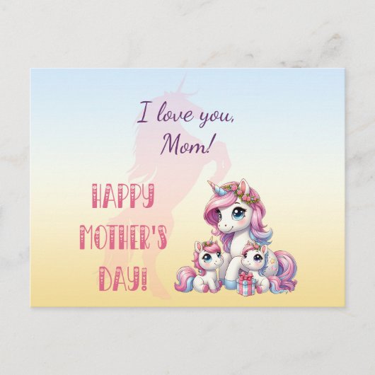 「母の日おめでとう！」 ユニコーンをテーマにした ポストカード (正面)