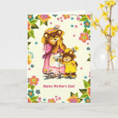 母の日おめでとう。ヴィンテージベアファミリー カード (黄色い花)