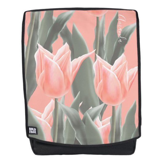 母の日おめでとう！桃スタイリッシュチューリップ花 バックパック (正面)