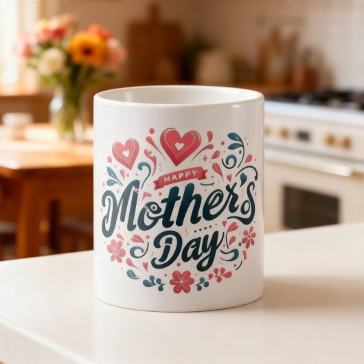 母の日おめでとう - 鮮やかなティールとピンクの花 コーヒーマグカップ