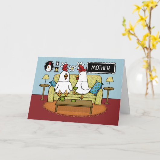 母の日から娘の二人がソファで過ごす カード (黄色い花)