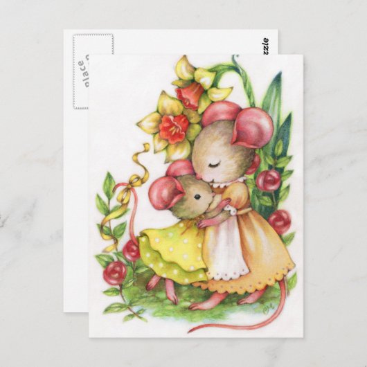 母の日かわいいハグマウスネズミはがき ポストカード (正面/裏面)