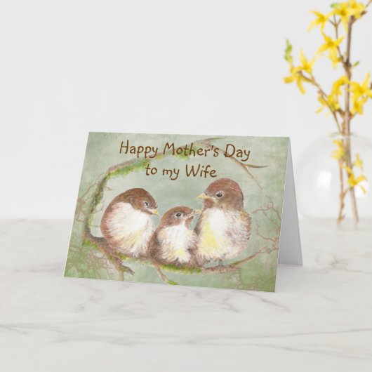 母の日と妻にかわいいスズメの鳥の家族 カード (黄色い花)