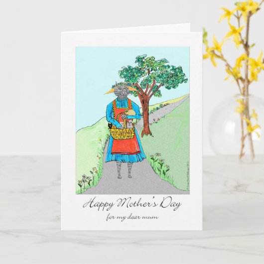 母の日と母猫と子猫 カード (黄色い花)