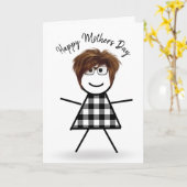 母の日に髪を持つスティックガール カード (黄色い花)