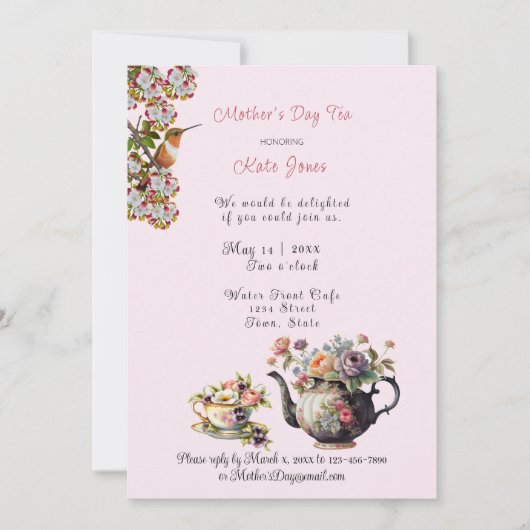母の日のお茶の水の色ティーポットとティーカップ 招待状 (正面)