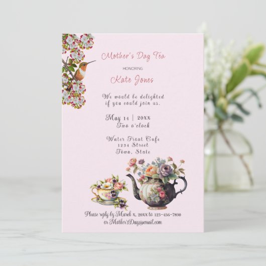 母の日のお茶の水の色ティーポットとティーカップ 招待状 (スタンド正面)