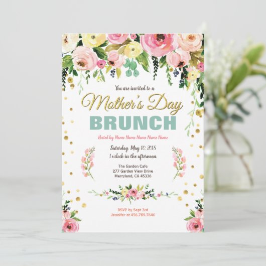 母の日のお茶会のブランチの花柄の水彩画 招待状 (スタンド正面)