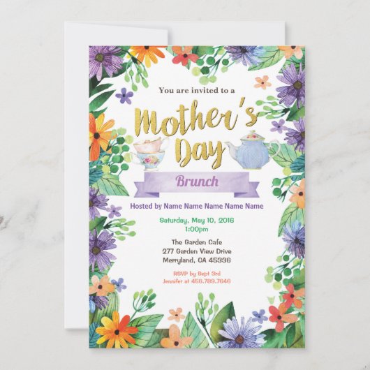 母の日のお茶会のブランチの花柄の水彩画 招待状 (正面)